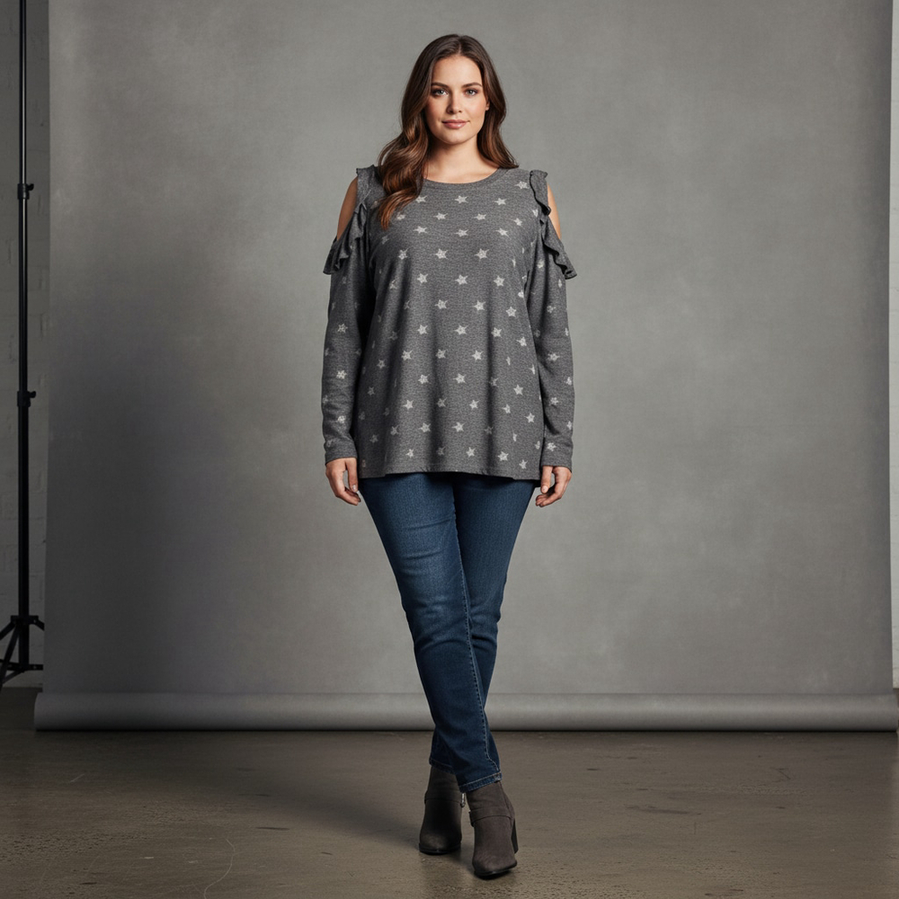 Lane Bryant Gray Star Print Cold Shoulder Long Sleeve Tee Plus 18/20